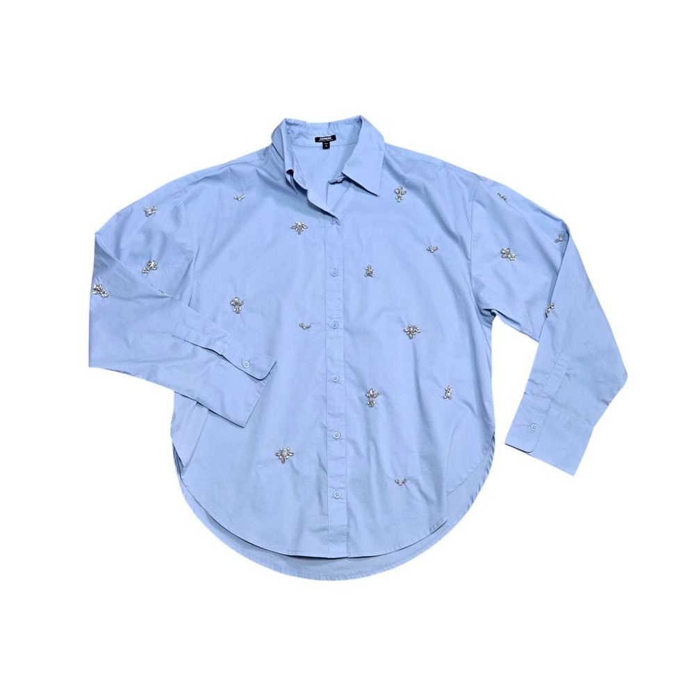 Express Boyfriend Portofino Blue Rhinestone Bee Embellished Shirt Oversized XS